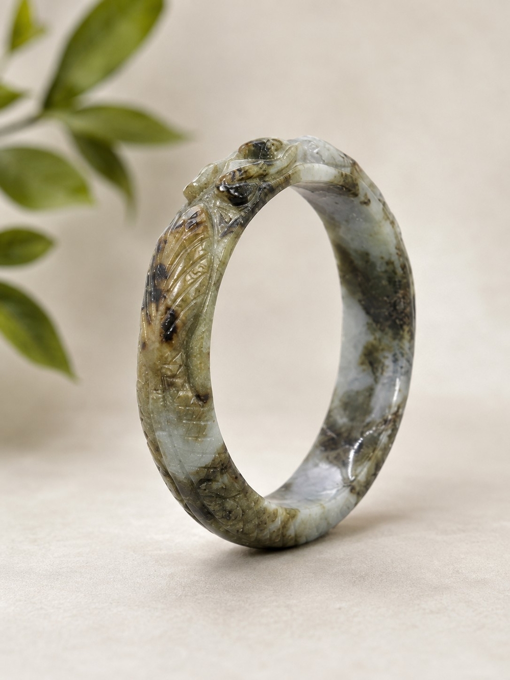 Natural Burmese Type A Jadeite Carved Dragon Bangle Bracelet - 20th Century